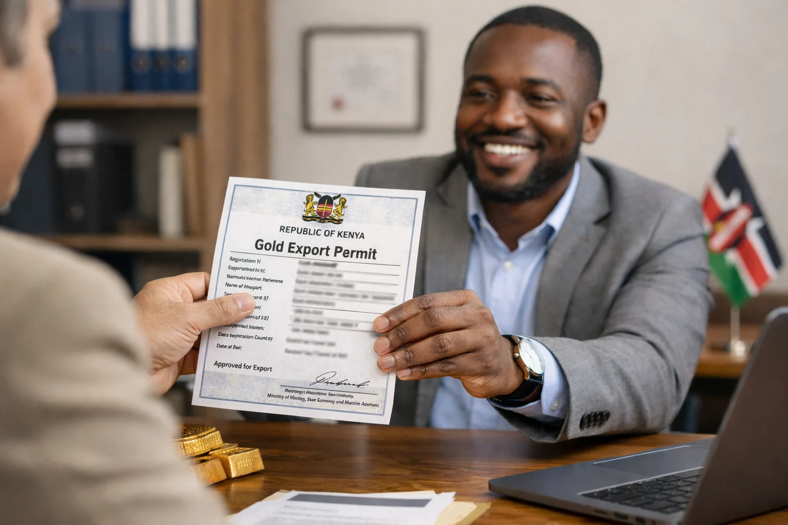 Kenya gold licensing timeline from prospecting right application to final export permit showing 8 sequential stages with average processing times.