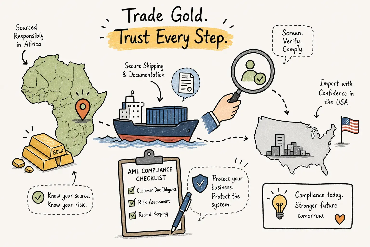 African gold refinery due diligence checklist showing document verification, physical inspection, assay certification, and compliance monitoring protocols for commercial buyers.