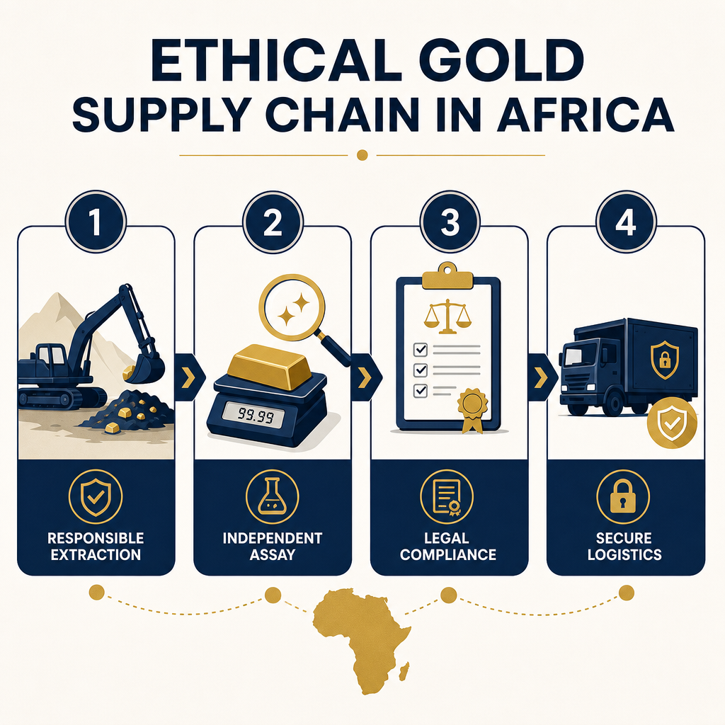 Regulatory compliance framework diagram for African gold exports showing licensing requirements, export protocols, and international trade standards for gold wholesalers in Africa