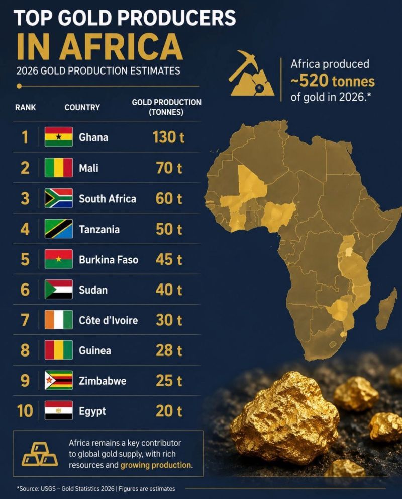 Bar chart comparing top African gold producing countries by metric tonnes for 2026, highlighting Ghana, South Africa, Mali, Burkina Faso, and Tanzania as the leading bullion sources