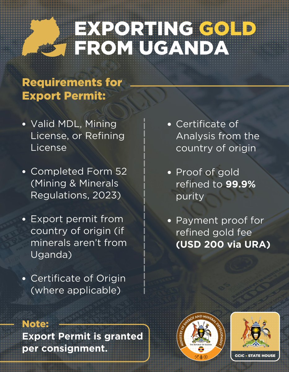 Flowchart showing Uganda gold export licensing steps from application to final customs clearance, essential for verifying African bullion dealers in Uganda