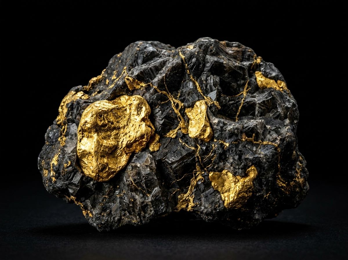 Raw gold nuggets embedded in dark African rock